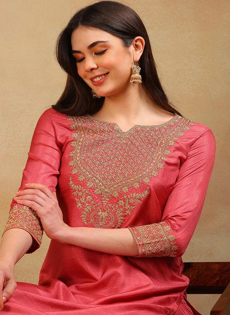 ZERESOUQ Rust Silk Blend Solid Embroidered Straight 3-Piece Kurta Set