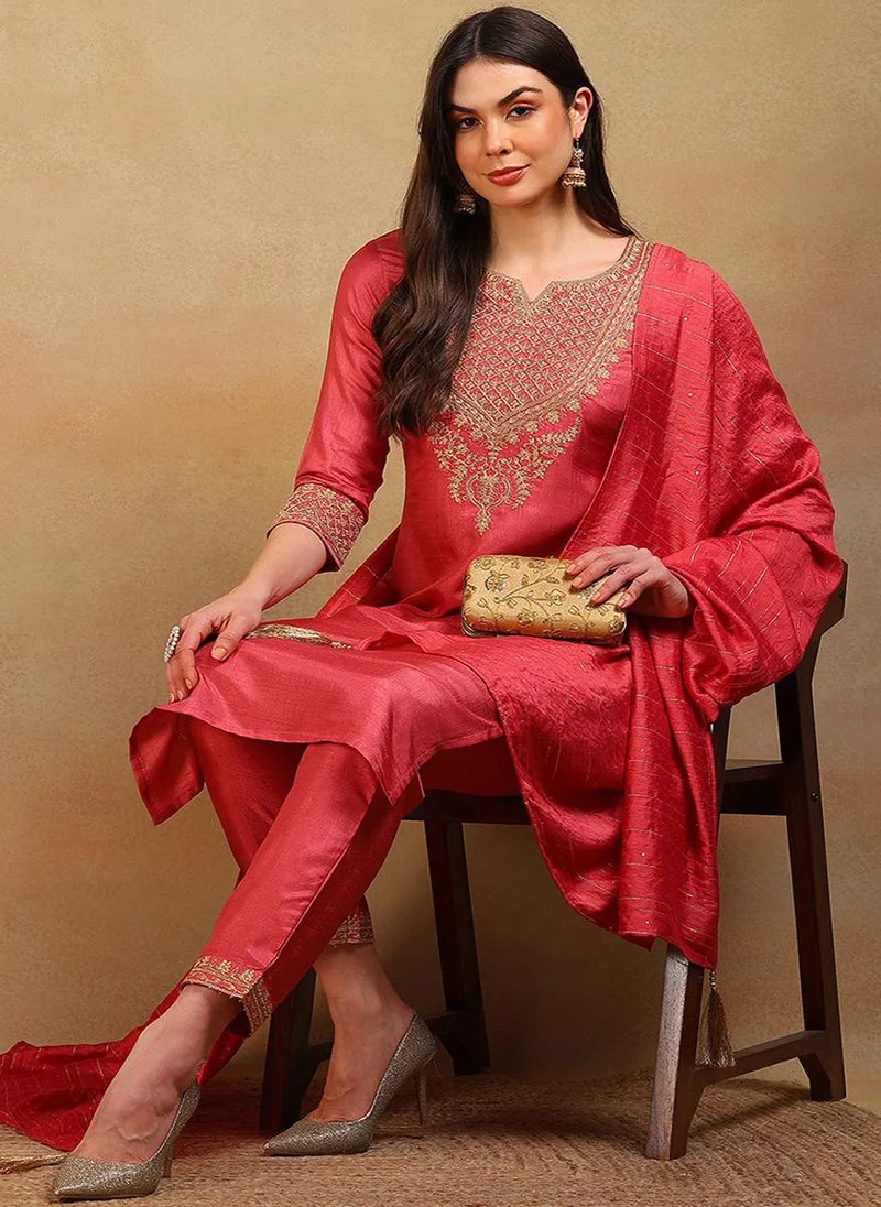 ZERESOUQ Rust Silk Blend Solid Embroidered Straight 3-Piece Kurta Set