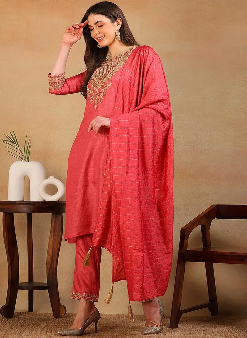 ZERESOUQ Rust Silk Blend Solid Embroidered Straight 3-Piece Kurta Set