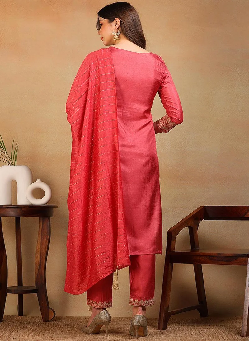ZERESOUQ Rust Silk Blend Solid Embroidered Straight 3-Piece Kurta Set