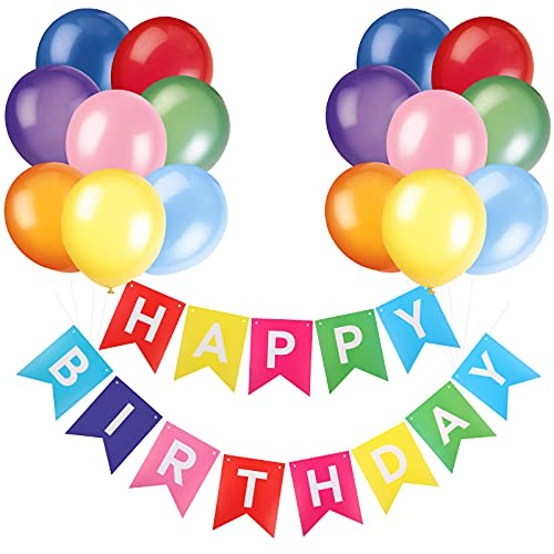 Lazybeee Happy Birthday Banner Bunting Party Decorations Rainbow Balloons Confetti Latex Balloon Party Banners for Boys Girls Birthday Banner Decorations - Image 1