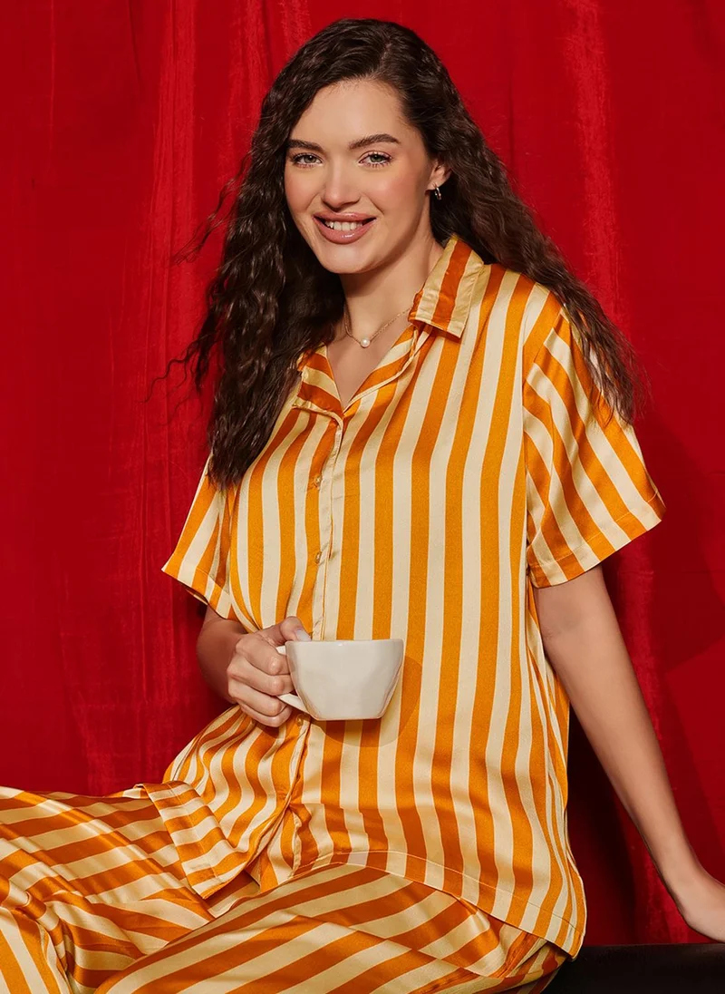 كلوفيا Clovia Striped Button-Down Korean Shirt & Pyjama Set in Orange Colour - Satin