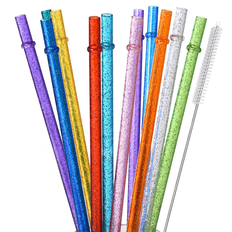 ALINK 12-Pack Reusable Plastic Glitter Straws, 11" Long Colorful Hard Plastic Tumbler Straws for 16 OZ 20 OZ 30 OZ Stanley, YETI, Mason Jar, Starbucks with Cleaning Brush - Image 1