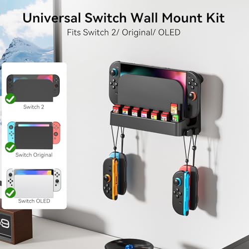 Kosker Switch 2/1 Wall Mount Kit for Switch 2/ OLED/Original Versions, Shelf Wall Holder Stand with Joycons Strap Hanger & 14 Game Slots Rack for S Witch TV Dock Console, Display Bracket Behind TV - Image 2