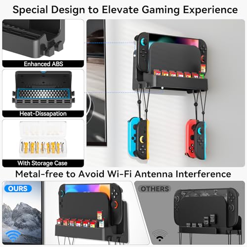 Kosker Switch 2/1 Wall Mount Kit for Switch 2/ OLED/Original Versions, Shelf Wall Holder Stand with Joycons Strap Hanger & 14 Game Slots Rack for S Witch TV Dock Console, Display Bracket Behind TV - Image 4