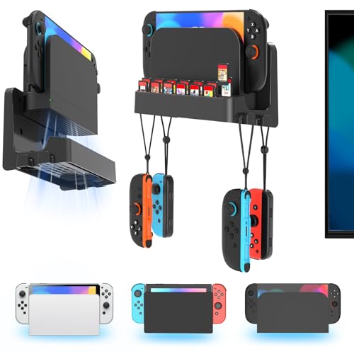 Kosker Switch 2/1 Wall Mount Kit for Switch 2/ OLED/Original Versions, Shelf Wall Holder Stand with Joycons Strap Hanger & 14 Game Slots Rack for S Witch TV Dock Console, Display Bracket Behind TV - Image 1