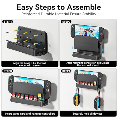 Kosker Switch 2/1 Wall Mount Kit for Switch 2/ OLED/Original Versions, Shelf Wall Holder Stand with Joycons Strap Hanger & 14 Game Slots Rack for S Witch TV Dock Console, Display Bracket Behind TV - Image 5