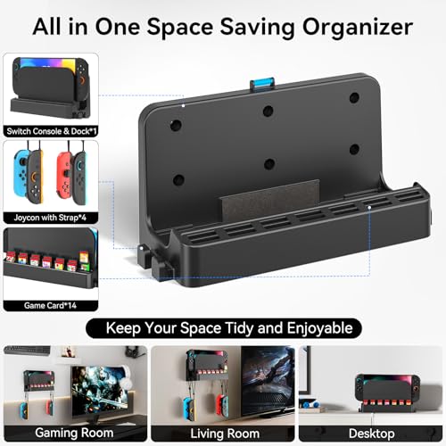 Kosker Switch 2/1 Wall Mount Kit for Switch 2/ OLED/Original Versions, Shelf Wall Holder Stand with Joycons Strap Hanger & 14 Game Slots Rack for S Witch TV Dock Console, Display Bracket Behind TV - Image 3