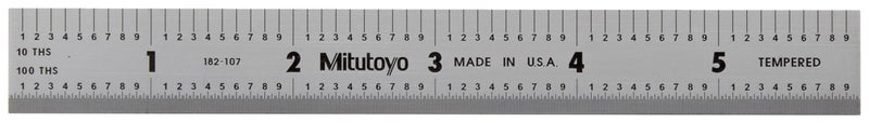 Mitutoyo 182-107, Steel Rule, 6"/150mm ( 1/10, 1/100", 1mm, 0.5mm), 3/64" Thick X 3/4" Wide, Satin Chrome Finish Tempered Stainless Steel - Image 1