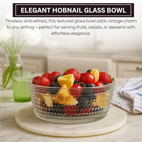 Khen Hobnail Glass Bowl Breaded Clear Borosilicate Decorative Tableware for Fruit, Salad or Centerpiece Display, Vintage Style 7 Inch Round Dish Ideal for Dining Table, Coffee Table or Kitchen Use - Image 3