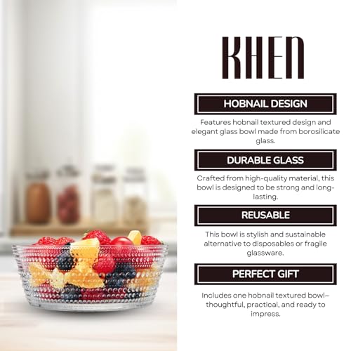 Khen Hobnail Glass Bowl Breaded Clear Borosilicate Decorative Tableware for Fruit, Salad or Centerpiece Display, Vintage Style 7 Inch Round Dish Ideal for Dining Table, Coffee Table or Kitchen Use - Image 5