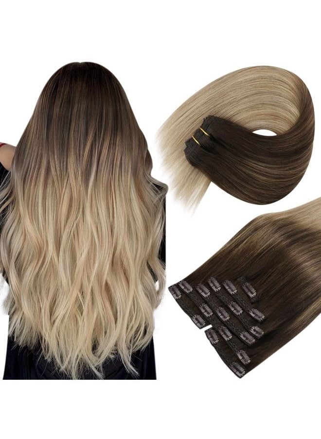 Sunny Hair Sunny Ombre Clip in Hair Extensions, Dark Brown Ombre Light Brown Mix Ash Brown Hair Extensions Clip in Human Hair Ombre Clip on Hair Extensions Balayage 14inch 120g  - Image 1