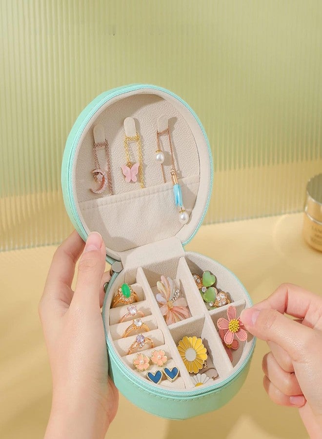 Stadash Jewelry Travel Organizer, Compact PU Leather Case with Zipper, Small Jewelry Box for Women & Girls, Portable Storage for Rings, Earrings, Zipper Lock Jewelry Box (Round, Green) - Image 3