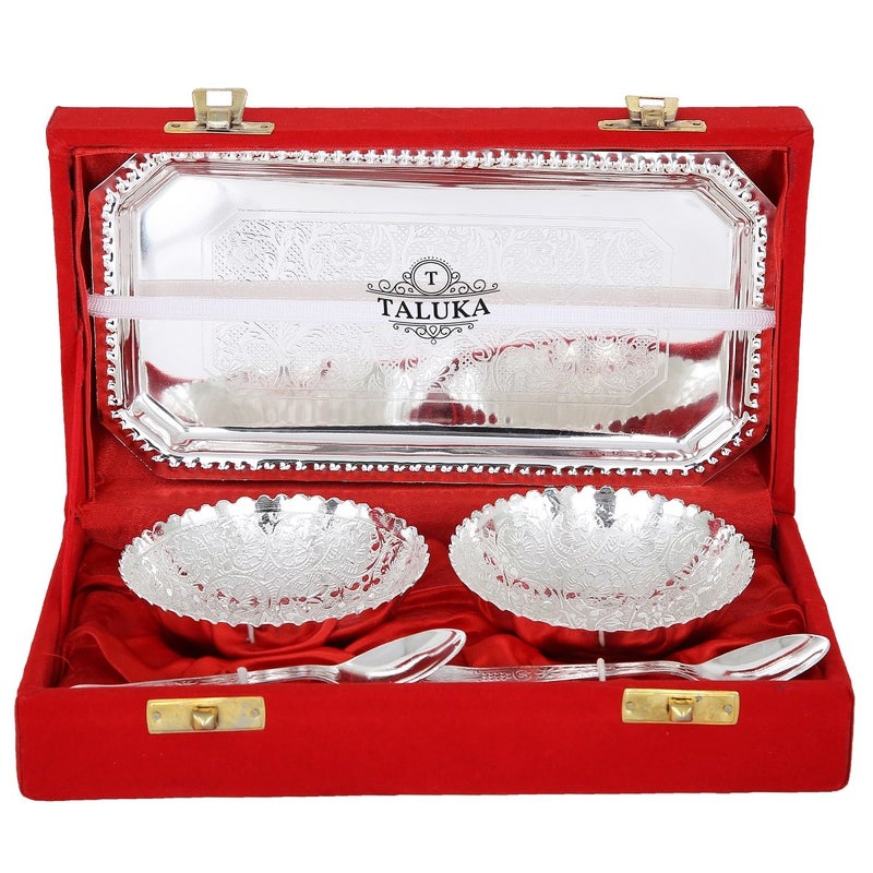 Taluka طقم صحون عميقة من الفضة المطلية عالي الجودة مع 2 ملعقة و1 صينية هدية للديكور - Image 1