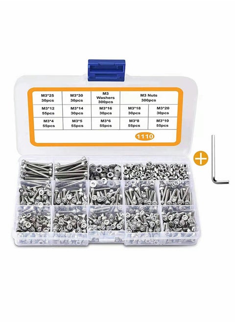 1110pcs M3 Stainless Steel Screws Bolts Nuts Lock and Flat Gasket Washers Assortment Kit Precise Metric Screws and Nuts Set with 1Piece Hex Keys for Free included Tool Box