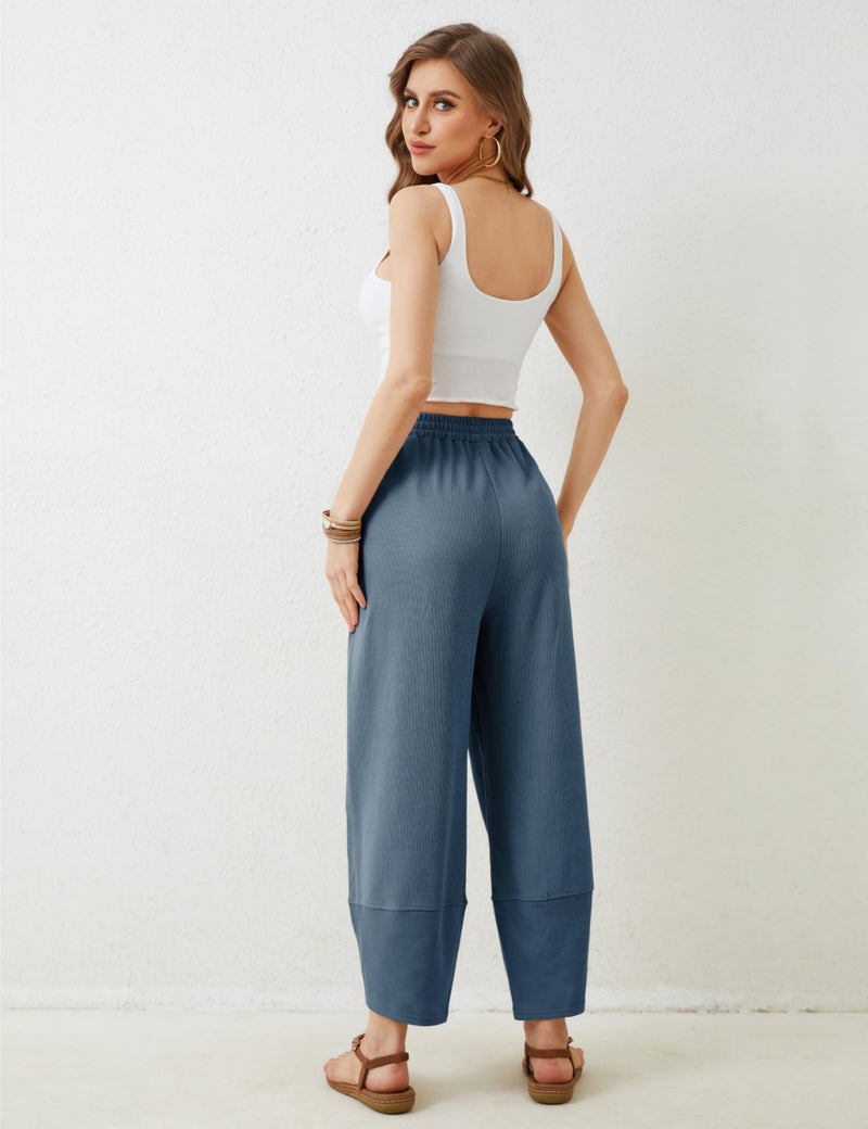 Himosyber Women Cotton Pants Wide Leg Pants Casual Loose Baggy Elastic Waist Beach Palazzo Harem Pants (Dustyblue-L) - Image 3