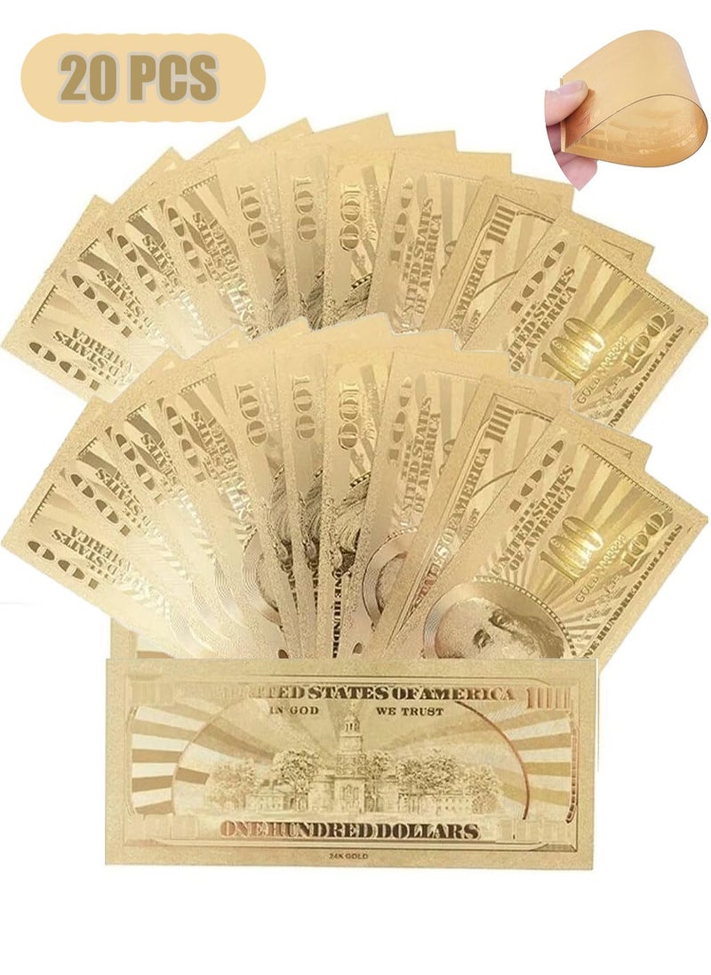 MissTiara - 20 Pcs Gold 100 Dollar Bills, 24k Gold Leaf Bills for Party Banknotes Album Money Home Decoration,Prop Money Full Print 2 Sided Motion Picture Money Dollar Bills Realistic Money Stacks - Image 1