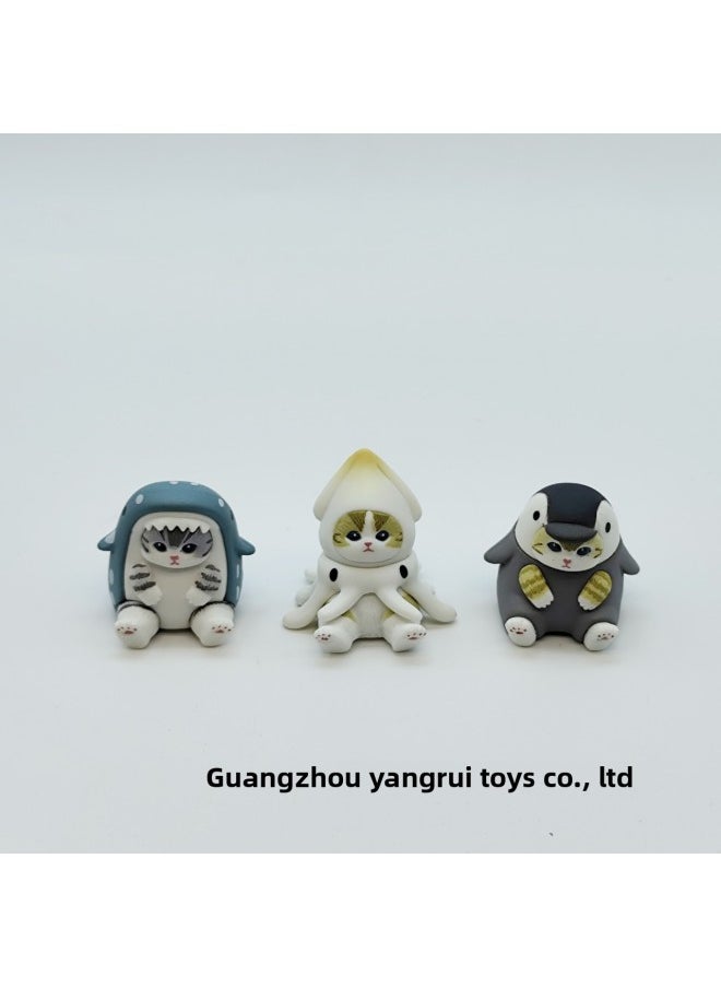 null - Mofusand Cat Shark Bee Cat Cos Hamburger Rabbit Cat Doll Blind Box Collection Model Ornaments-Color:10th Generation Ocean Cat (height About 4cm) - Image 1