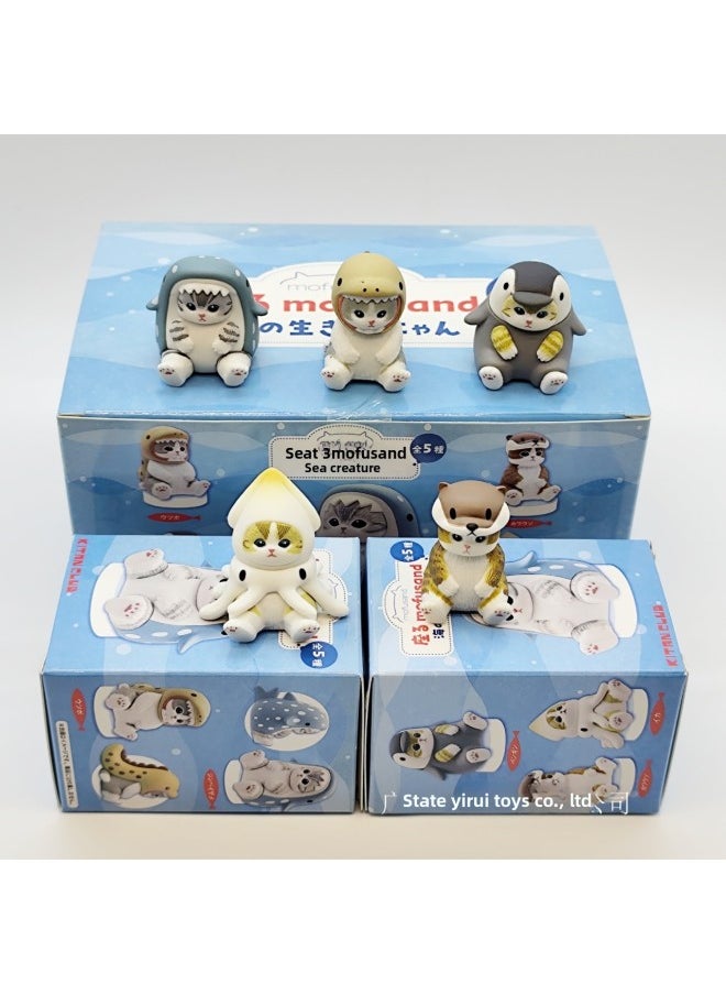 null - Mofusand Cat Shark Bee Cat Cos Hamburger Rabbit Cat Doll Blind Box Collection Model Ornaments-Color:10th Generation Ocean Cat (height About 4cm) - Image 1