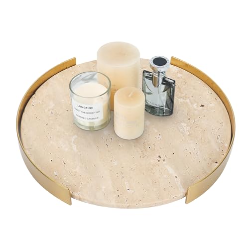 XINFUHUA Travertine Tray, Round Marble Vanity Bathroom Countertop Tray, Ceramic Decorative Trays for Coffee Table (L) - Image 1
