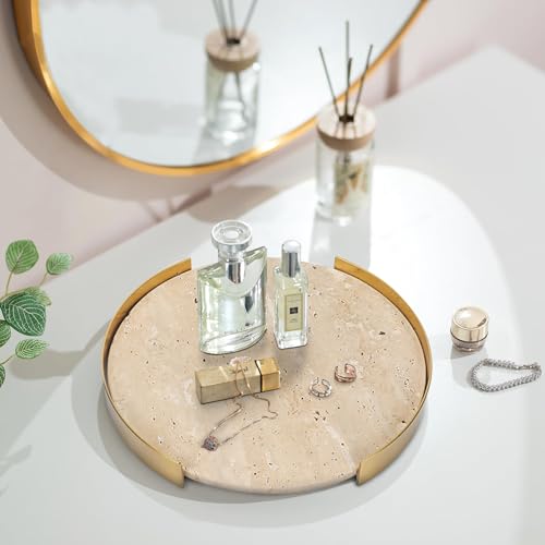 XINFUHUA Travertine Tray, Round Marble Vanity Bathroom Countertop Tray, Ceramic Decorative Trays for Coffee Table (L) - Image 2