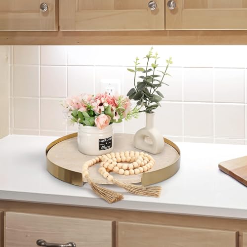 XINFUHUA Travertine Tray, Round Marble Vanity Bathroom Countertop Tray, Ceramic Decorative Trays for Coffee Table (L) - Image 3