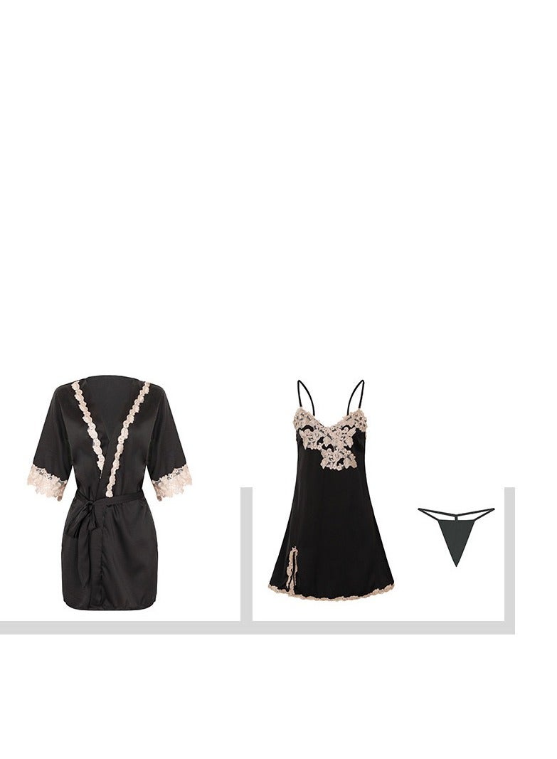 Women 2 Piece Satin Pajama  Strap Slip Cami Dress And Long Sleeve Robe Sleepwear Set.  - Image 2