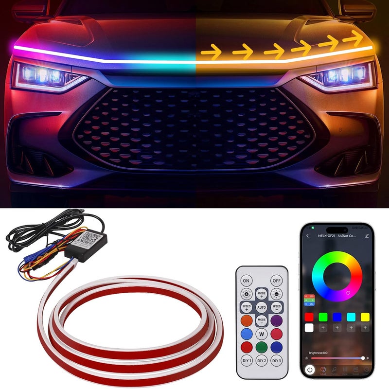 بيلونججو شريط إضاءة غطاء المحرك RGB، 79 بوصة، أضواء تشغيل نهارية ديناميكية LED، أضواء إشارة انعطاف متسلسلة متعددة الألوان ديناميكية المسح عند بدء التشغيل للسيارات والشاحنات وسيارات الدفع الرباعي - تحكم بالتطبيق ومقاومة للماء - Image 1