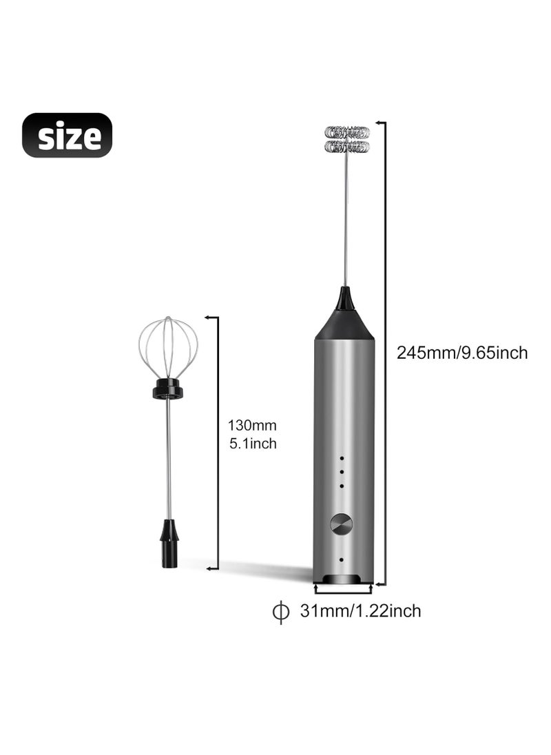 Electric Milk Frother USB-C Rechargeable Handheld Blender Coffee Frother, 3 Speed ​​Adjustable Mini Milk Frother Beverage Blender with 2 Blending Heads for Matcha Coffee Cappuccino
