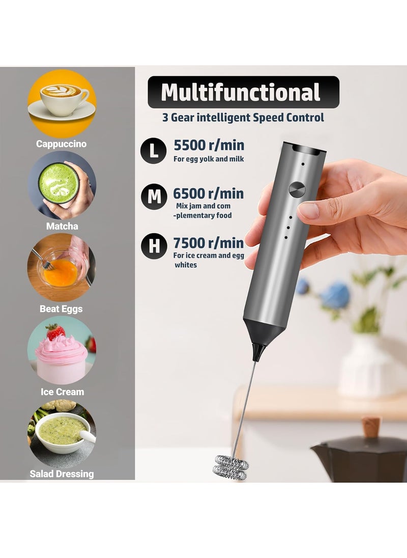 Electric Milk Frother USB-C Rechargeable Handheld Blender Coffee Frother, 3 Speed ​​Adjustable Mini Milk Frother Beverage Blender with 2 Blending Heads for Matcha Coffee Cappuccino