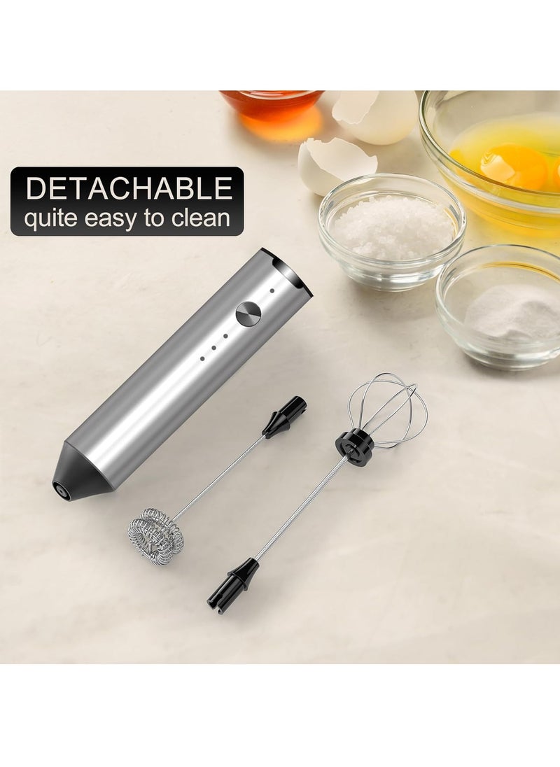 Electric Milk Frother USB-C Rechargeable Handheld Blender Coffee Frother, 3 Speed ​​Adjustable Mini Milk Frother Beverage Blender with 2 Blending Heads for Matcha Coffee Cappuccino