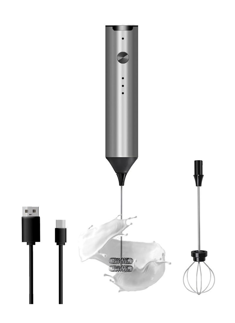 Electric Milk Frother USB-C Rechargeable Handheld Blender Coffee Frother, 3 Speed ​​Adjustable Mini Milk Frother Beverage Blender with 2 Blending Heads for Matcha Coffee Cappuccino