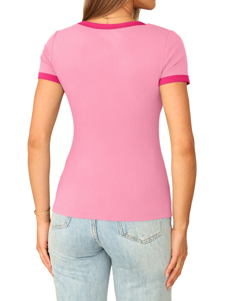 Sampeel Tops for Women Trendy Easter Shirts for Women 2026 Summer Easter Outfits Dressy Casual Petite Cute Top Short Sleeve Tshirts Shirts Fashion Clothing Baby Tees Y2k Clothes Pink Color Block M - Image 4