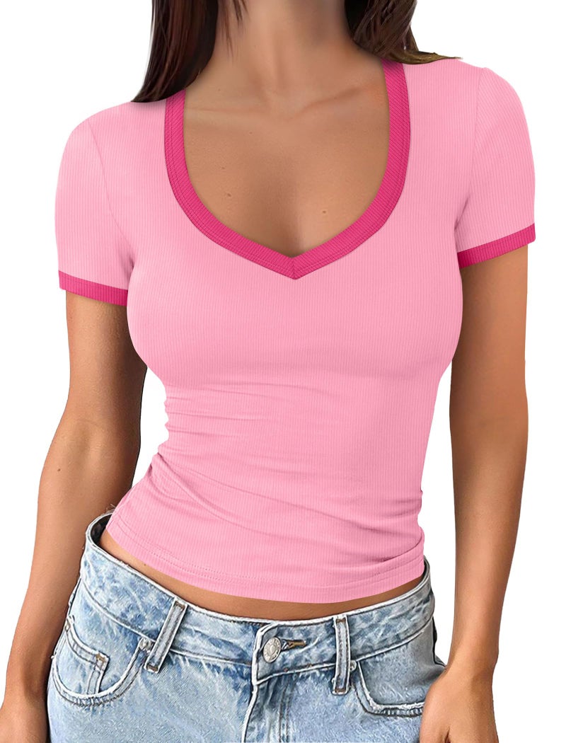 Sampeel Tops for Women Trendy Easter Shirts for Women 2026 Summer Easter Outfits Dressy Casual Petite Cute Top Short Sleeve Tshirts Shirts Fashion Clothing Baby Tees Y2k Clothes Pink Color Block M - Image 2