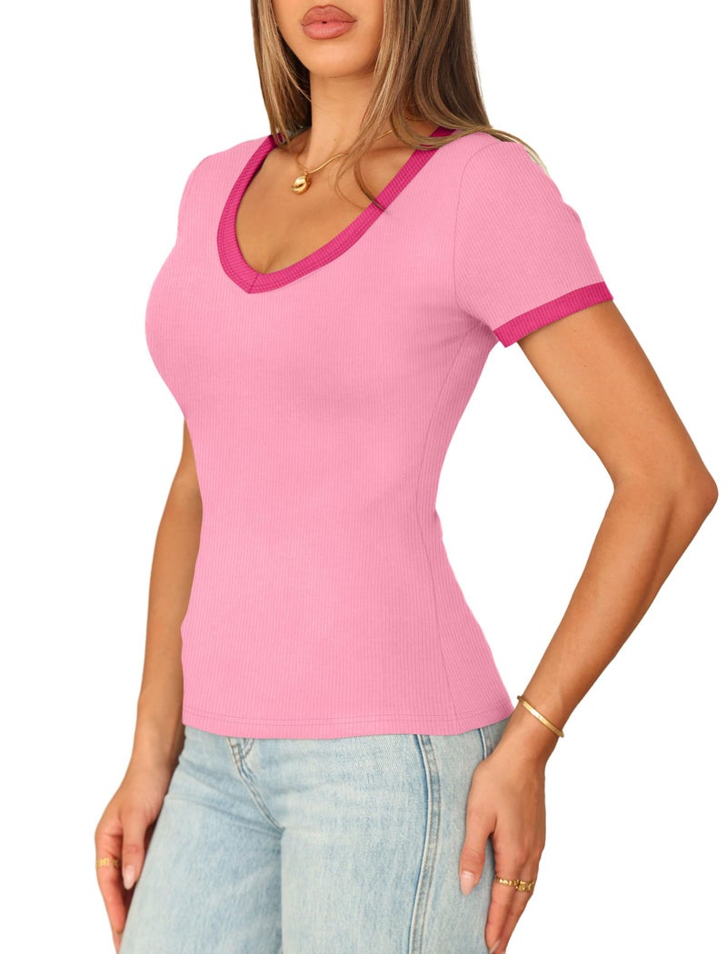 Sampeel Tops for Women Trendy Easter Shirts for Women 2026 Summer Easter Outfits Dressy Casual Petite Cute Top Short Sleeve Tshirts Shirts Fashion Clothing Baby Tees Y2k Clothes Pink Color Block M - Image 3