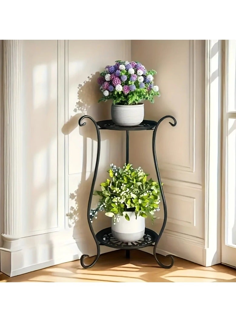 Generic Metal plant stand for placing flower pots, beautiful and elegant classic design consisting of 2 shelves that add a beautiful decoration and touch to visual enjoyment. It is included in most interior or exterior decorations at the entrance to the house, in the outdoor yard, in the garden, in the corner of the balcony, in the living room, or in the corridors of homes, chalets, rest houses, hotels, restaurants and cafes. Black color.  - Image 1