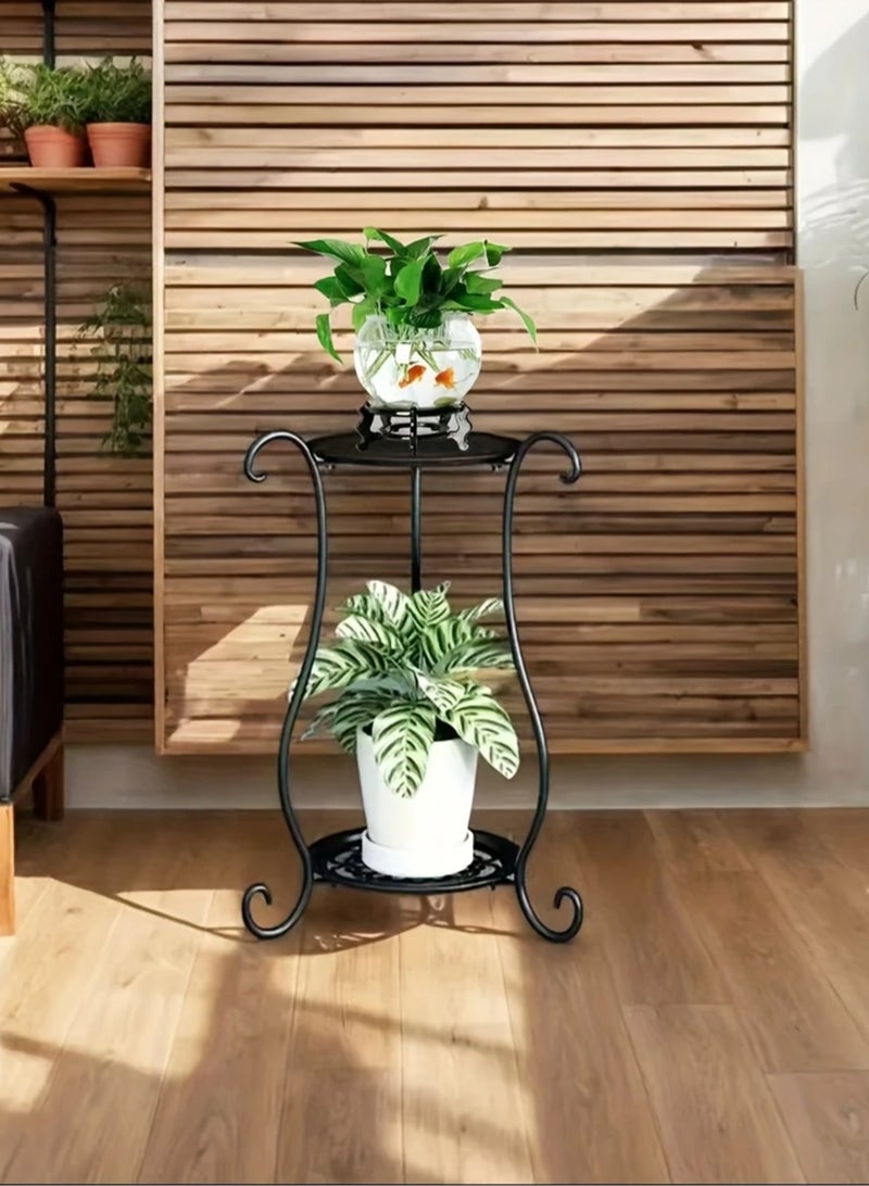 Generic Metal plant stand for placing flower pots, beautiful and elegant classic design consisting of 2 shelves that add a beautiful decoration and touch to visual enjoyment. It is included in most interior or exterior decorations at the entrance to the house, in the outdoor yard, in the garden, in the corner of the balcony, in the living room, or in the corridors of homes, chalets, rest houses, hotels, restaurants and cafes. Black color.  - Image 2