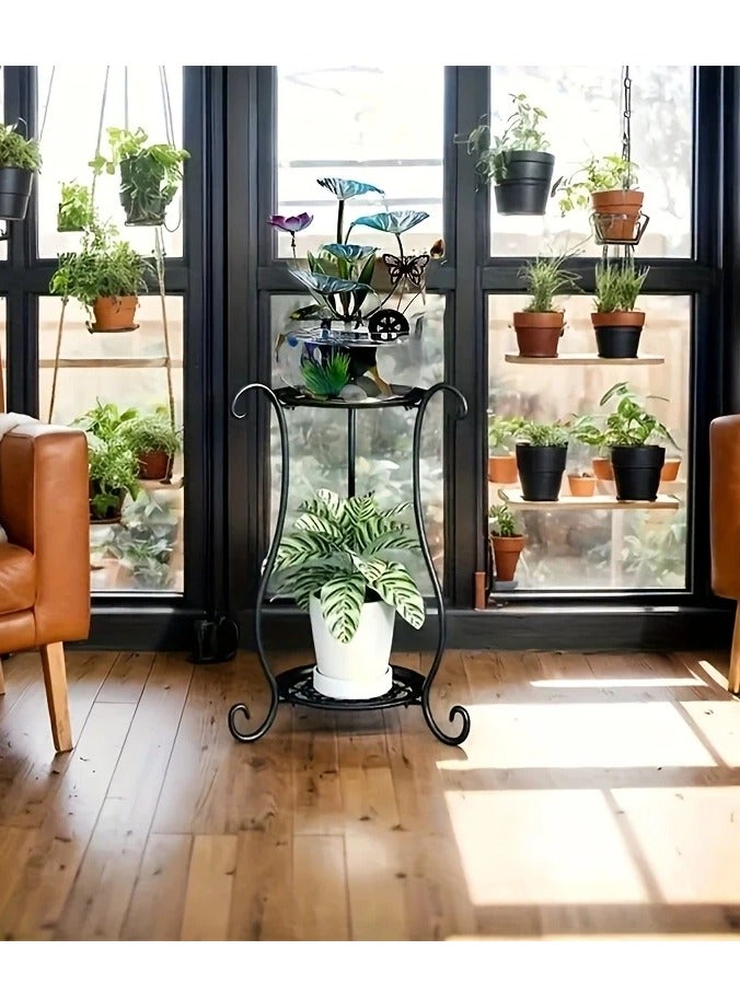 Generic Metal plant stand for placing flower pots, beautiful and elegant classic design consisting of 2 shelves that add a beautiful decoration and touch to visual enjoyment. It is included in most interior or exterior decorations at the entrance to the house, in the outdoor yard, in the garden, in the corner of the balcony, in the living room, or in the corridors of homes, chalets, rest houses, hotels, restaurants and cafes. Black color.  - Image 3