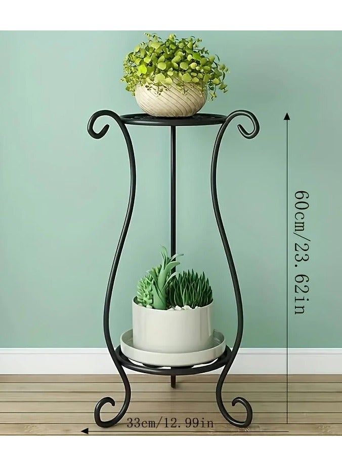 Generic Metal plant stand for placing flower pots, beautiful and elegant classic design consisting of 2 shelves that add a beautiful decoration and touch to visual enjoyment. It is included in most interior or exterior decorations at the entrance to the house, in the outdoor yard, in the garden, in the corner of the balcony, in the living room, or in the corridors of homes, chalets, rest houses, hotels, restaurants and cafes. Black color.  - Image 4