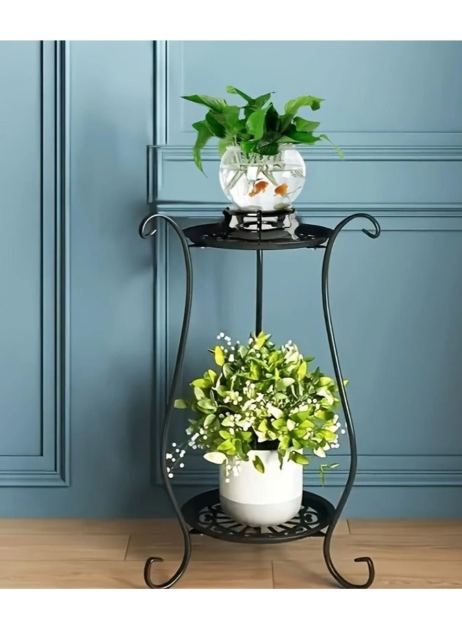Generic Metal plant stand for placing flower pots, beautiful and elegant classic design consisting of 2 shelves that add a beautiful decoration and touch to visual enjoyment. It is included in most interior or exterior decorations at the entrance to the house, in the outdoor yard, in the garden, in the corner of the balcony, in the living room, or in the corridors of homes, chalets, rest houses, hotels, restaurants and cafes. Black color.  - Image 5