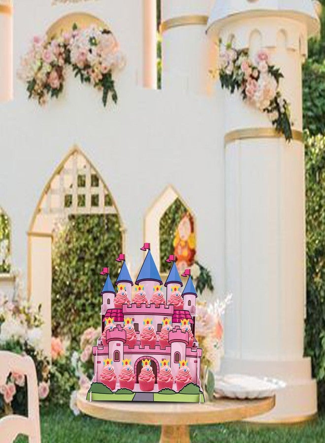 HOMEZZO حامل عرض كب كيك عيد ميلاد الأميرة من هوميزو، حامل كب كيك بثلاث طبقات باللونين الوردي والأزرق على شكل قلعة سحرية، برج حلويات لمستلزمات حفلات الأميرات - Image 4