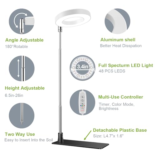 Kullsinss Grow Lights for Indoor Plants, Full Spectrum Halo Growing lamp with Detachable Base, Height Adjustable, 3 Colors, 10 Dimming, Automatic Timer, Plant Light for Small Plants Growing, 2-Pack - Image 2