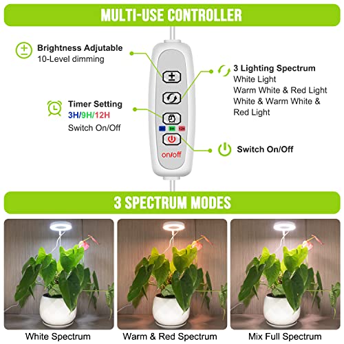 Kullsinss Grow Lights for Indoor Plants, Full Spectrum Halo Growing lamp with Detachable Base, Height Adjustable, 3 Colors, 10 Dimming, Automatic Timer, Plant Light for Small Plants Growing, 2-Pack - Image 3