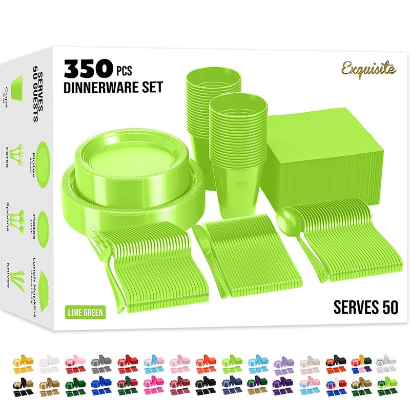 350 Pcs Lime Green Plastic Plates For Party Lime Green Disposable Plates Set 50 Of Each 9 Dinner Plate Set 7 Dessert Plate Cups Napkins  Cutlery Plastic Dinnerware Party Solids