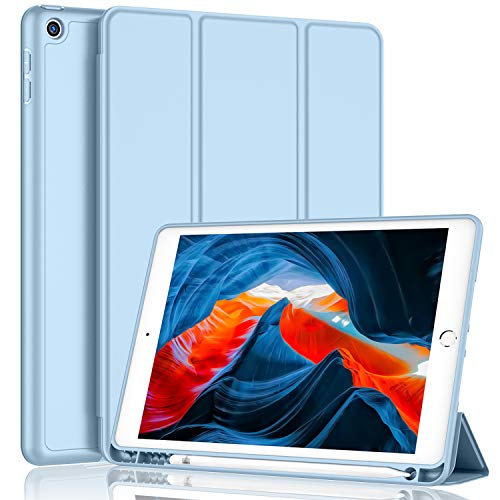 iMieet iPad 9th Generation Case 2021/iPad 8th Generation Case 2020 10.2 Inch with Pencil Holder, iPad 7th Gen 2019 Case with Soft Baby Skin Silicone Back, Auto Wake/Sleep Cover (Sky Blue) - Image 1