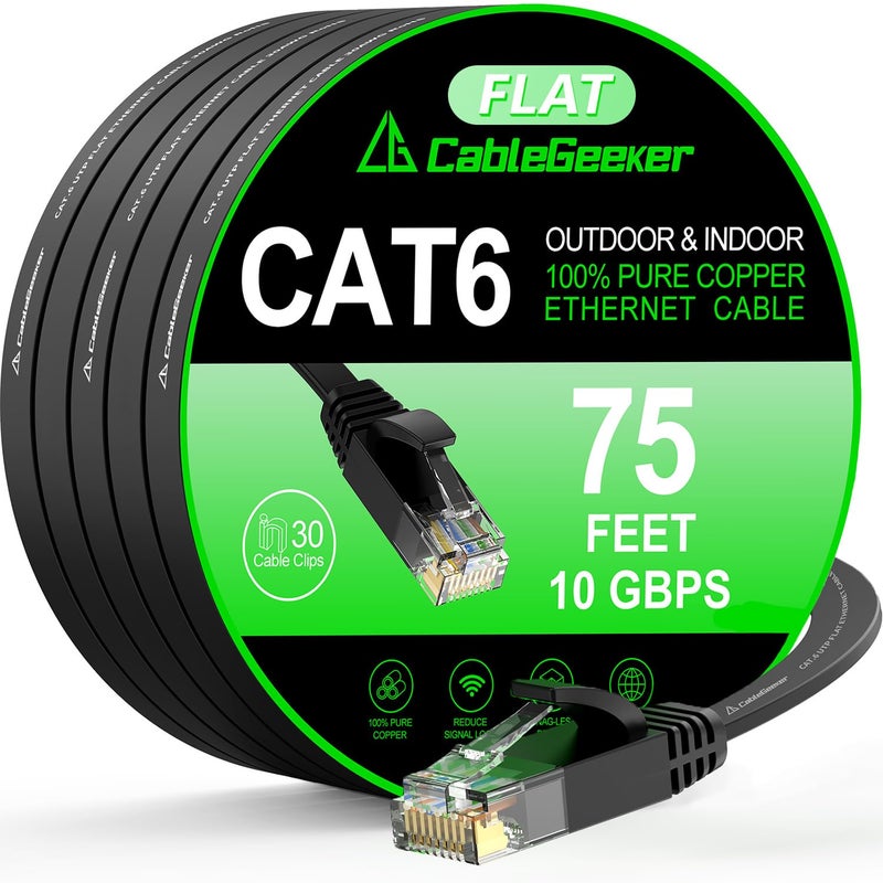 Cat 6 Ethernet Cable 75 ft IndoorOutdoor High Speed 10Gbps Flat Internet Network Cable Pure Copper Ethernet Patch Cable Long Computer LAN Cable with Clips Straps for Router Modem PS45 Black