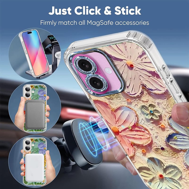 Elzzi Compatible with iPhone 16 Plus Case 3D Laser Flower Oil Painting Cute Colorful Blue Ray Bumper with Full Camera Protection Shockproof PC+TPU Glossy Shiny Cover for Girls Women, Pink - Image 5