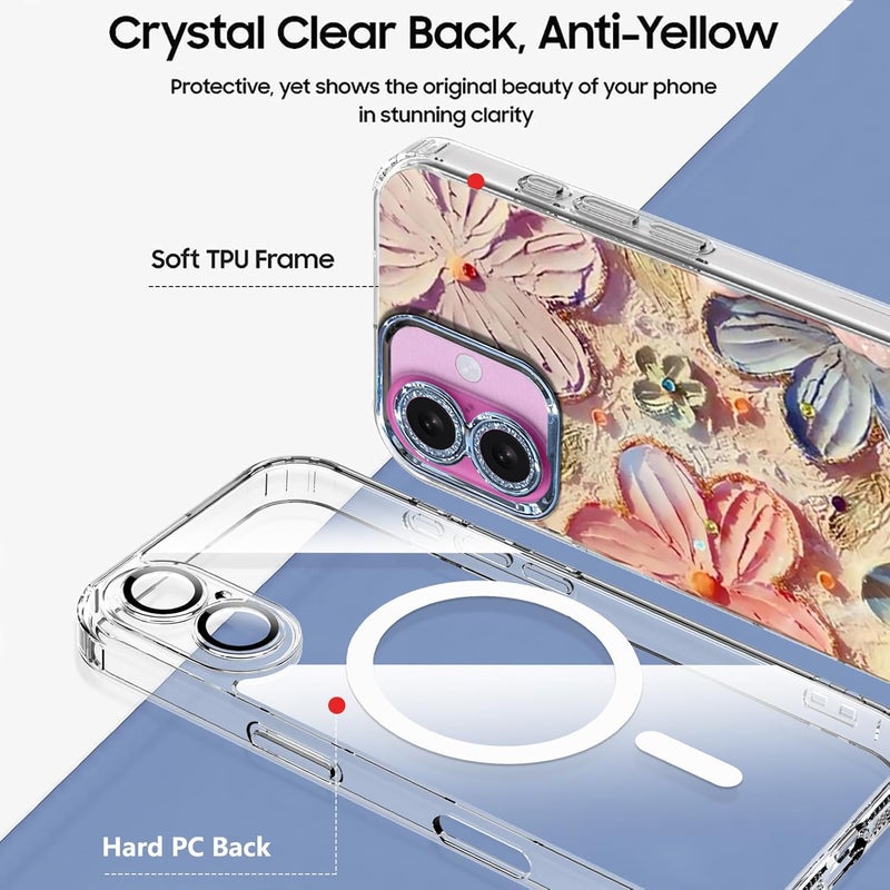 Elzzi Compatible with iPhone 16 Plus Case 3D Laser Flower Oil Painting Cute Colorful Blue Ray Bumper with Full Camera Protection Shockproof PC+TPU Glossy Shiny Cover for Girls Women, Pink - Image 3