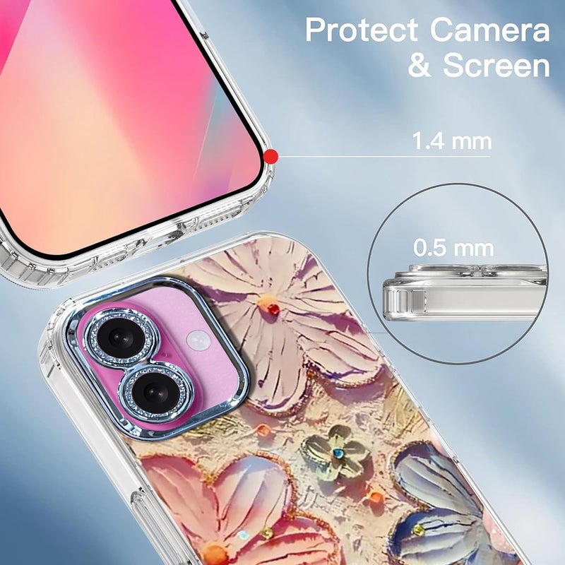Elzzi Compatible with iPhone 16 Plus Case 3D Laser Flower Oil Painting Cute Colorful Blue Ray Bumper with Full Camera Protection Shockproof PC+TPU Glossy Shiny Cover for Girls Women, Pink - Image 2