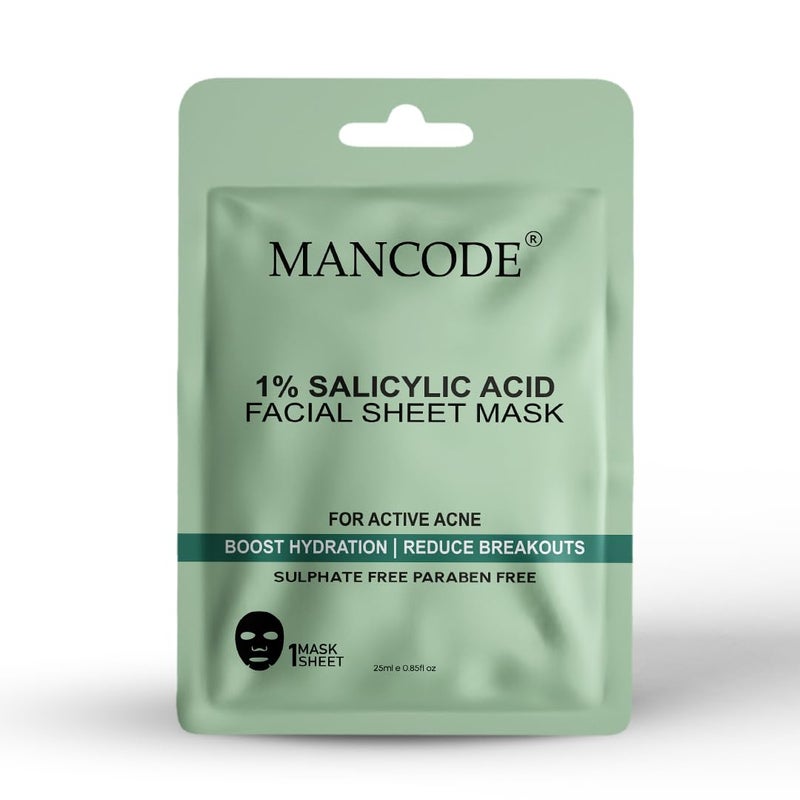 MAN CODE Mancode 1 Salicylic Acid Facial Sheet Mask 25ml Boost Hydration Reduce Breakouts Active Acne Pore Reducing Brightening Enhances Glow Korean Sheet Mask for Men Women Unisex Sheet Mask Set 25ml  - Image 1